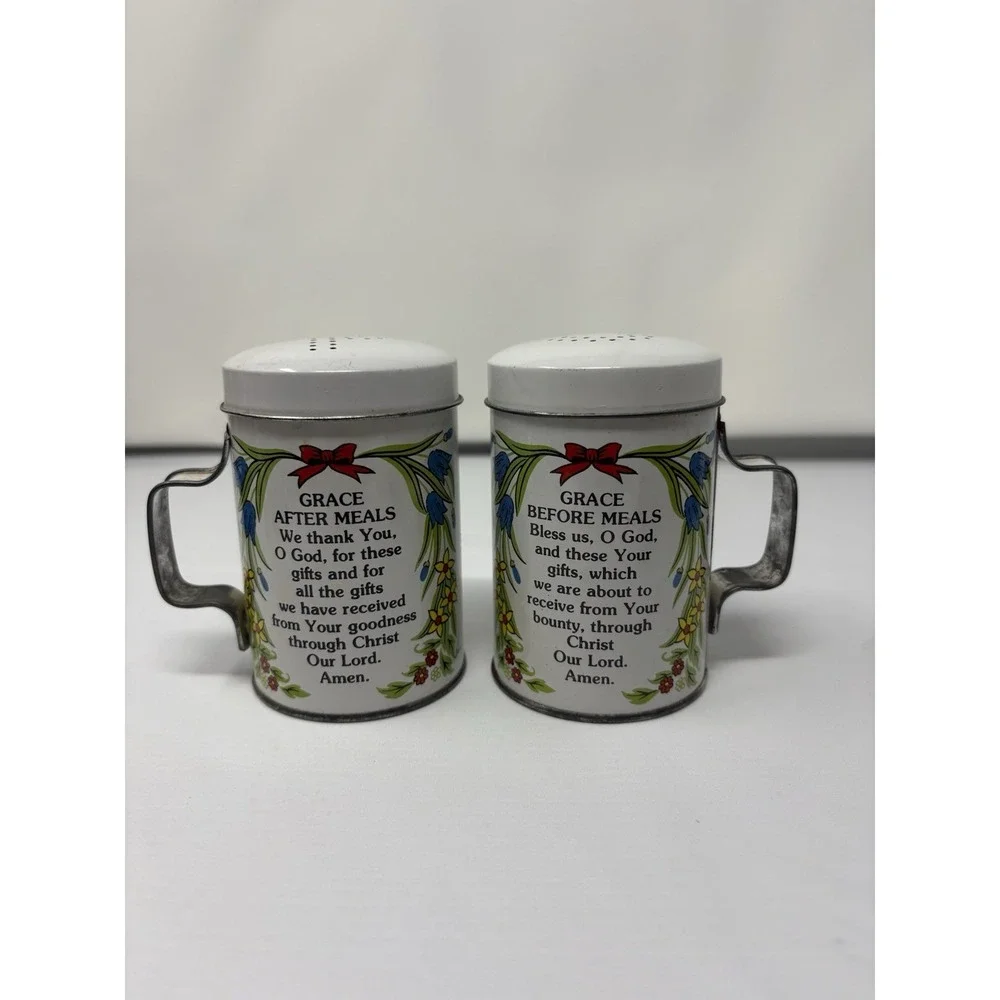 Vintage Tin Salt & Pepper Shakers Grace Before & After Meal Prayers 1950 MCM